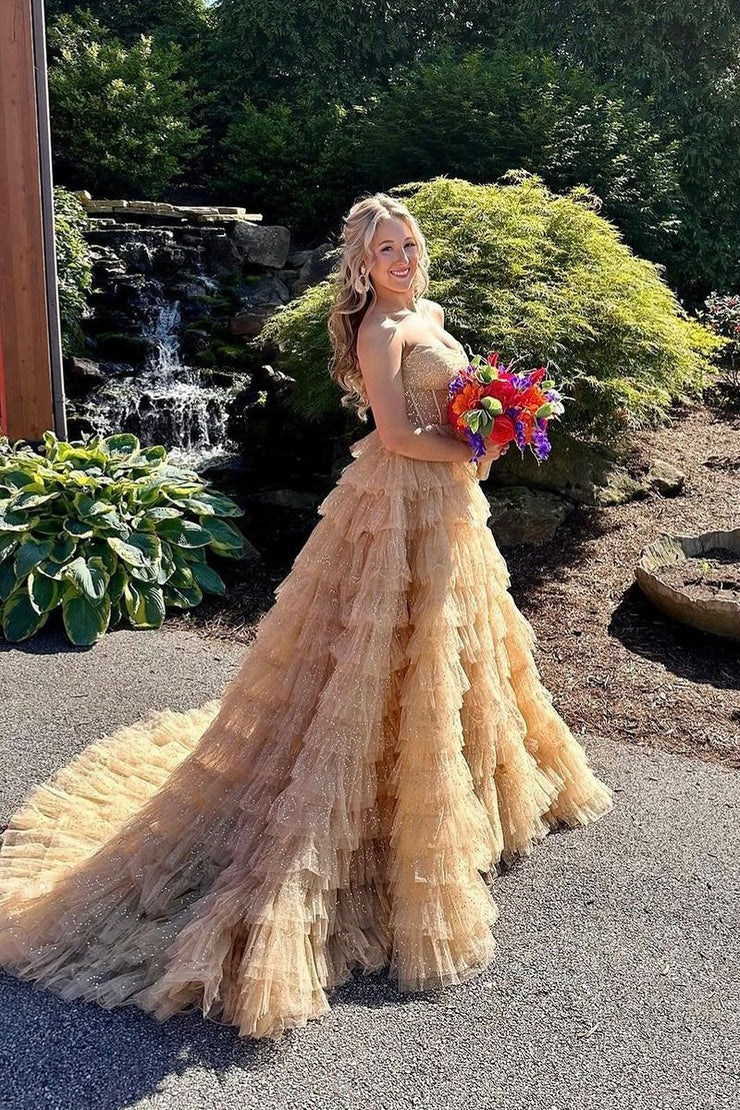 Strapless Ball Gown Gold Tiered Tulle Long Prom Dress, PD25102