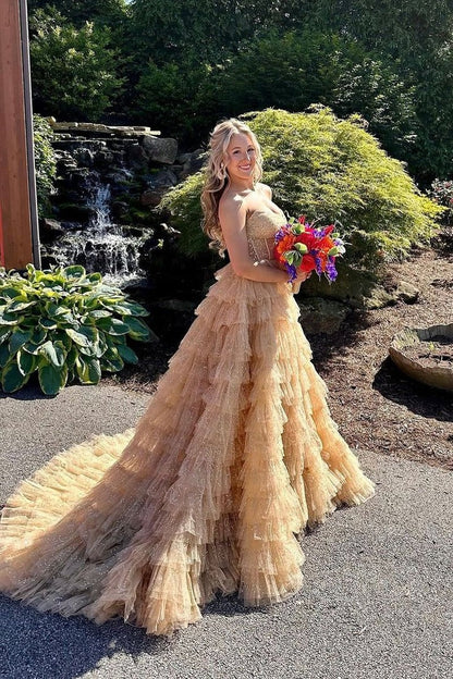 Strapless Ball Gown Gold Tiered Tulle Long Prom Dress, PD25102