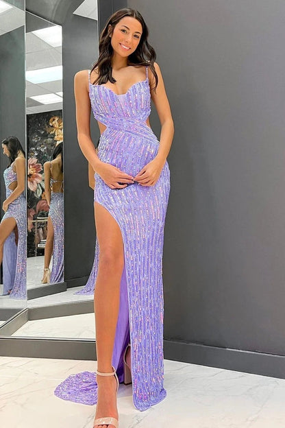 Spaghetti Straps Mermaid Light Purple Sequins Long Prom Dress with Open Back, PD25170