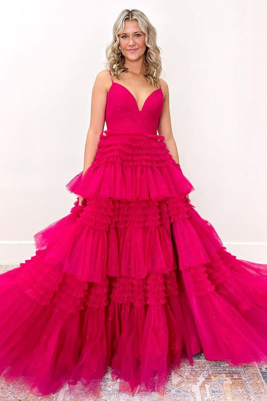 Fuchsia A-Line V Neck Ruffle Tiered Long Prom Dress with Slit, PD25230