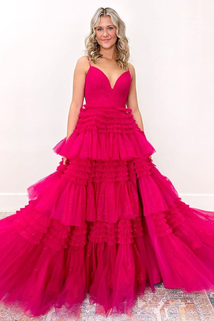 Fuchsia A-Line V Neck Ruffle Tiered Long Prom Dress with Slit, PD25230