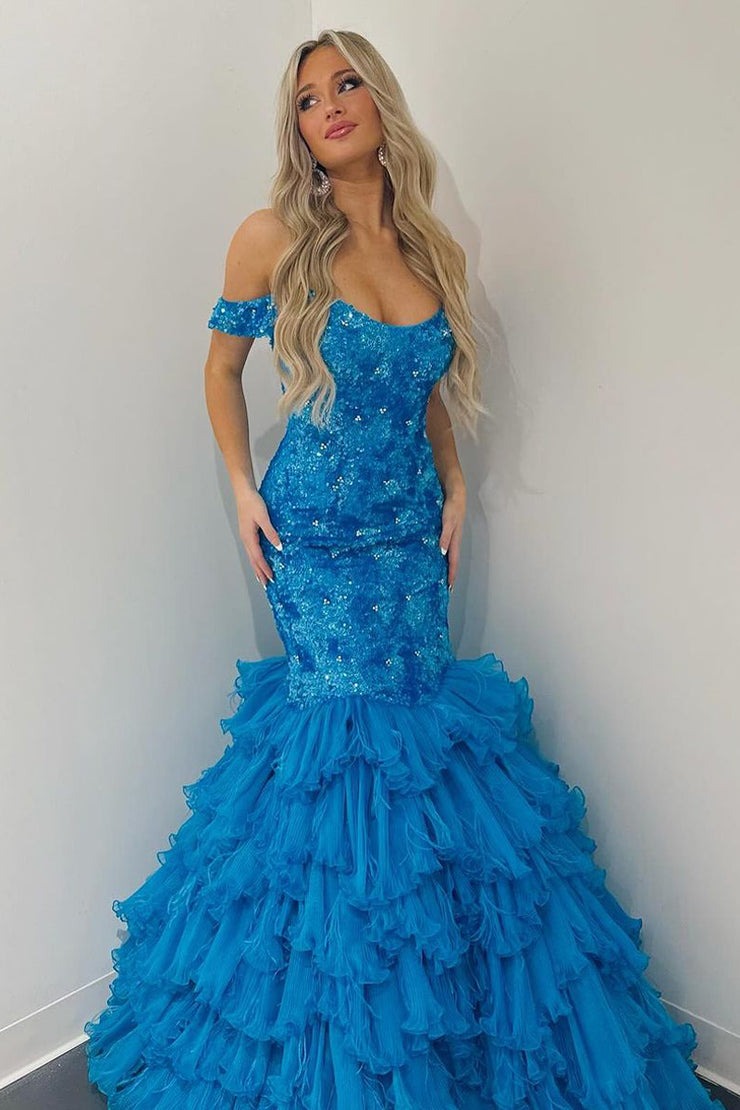 Off the Shoulder Mermaid Sequins Long Prom Dresses with Ruffles, PD25110