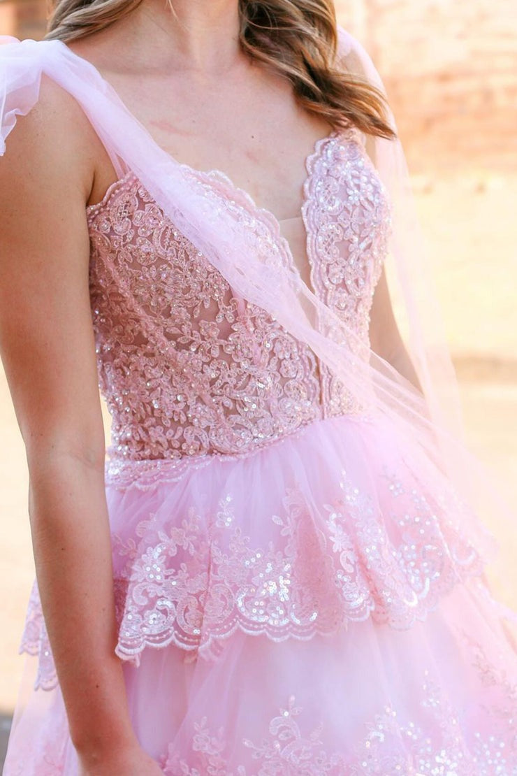 V Neck A Line Pink Tulle Prom Dresses with Appliques, PD25036