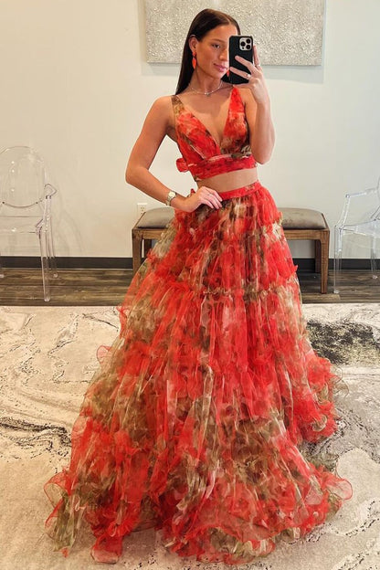 Floral Printed Two Piece V Neck Long Prom Dress, PD25320