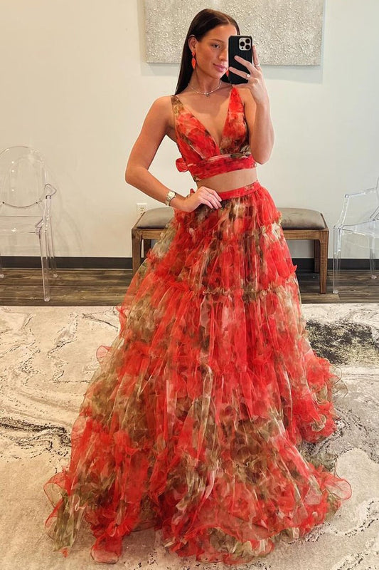 Floral Printed Two Piece V Neck Long Prom Dress, PD25320