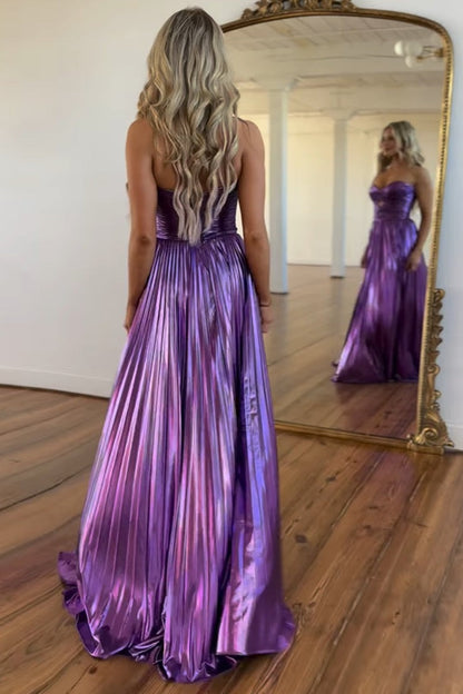 A Line Purple Sweetheart Long Prom Dresses with Slit, PD25012