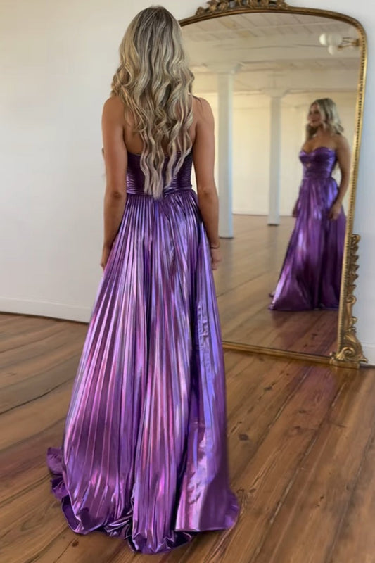 A Line Purple Sweetheart Long Prom Dresses with Slit, PD25012