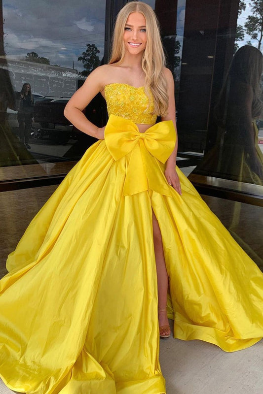 Yellow Satin Two Piece Strapless Long Prom Dresses with Appliques and Bow, PD25312