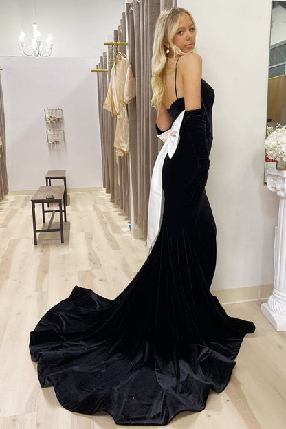 Spaghetti Strap Black Bow-Back Trumpet Velvet Long Prom Dress, PD25189