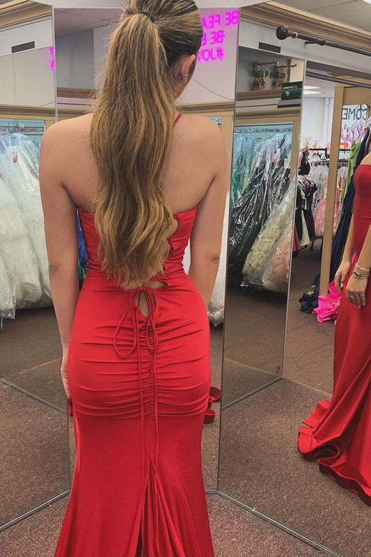 Red Satin Mermaid Spaghetti Straps Long Prom Dress with Slit, PD25321