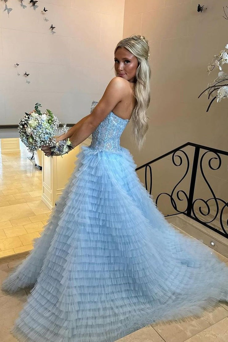 Strapless Light Blue Ruffle Tiered Tulle Prom Dress with Appliques, PD25135