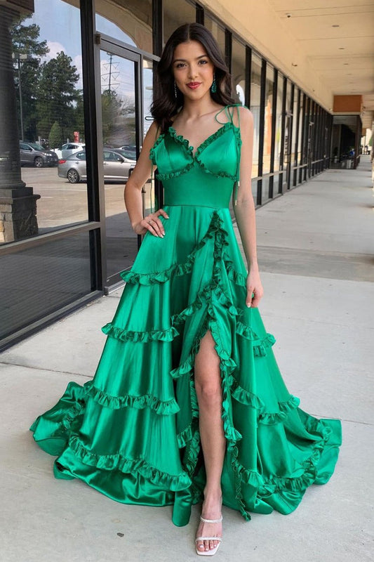 Green Satin A-Line V Neck Prom Dresses with Straps and Ruffle Long, PD25272