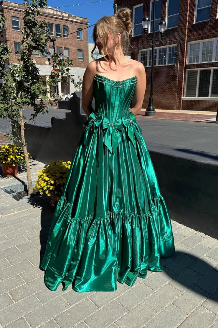 A Line Dark Green Scoop Neck Satin Prom Dresses, PD25002