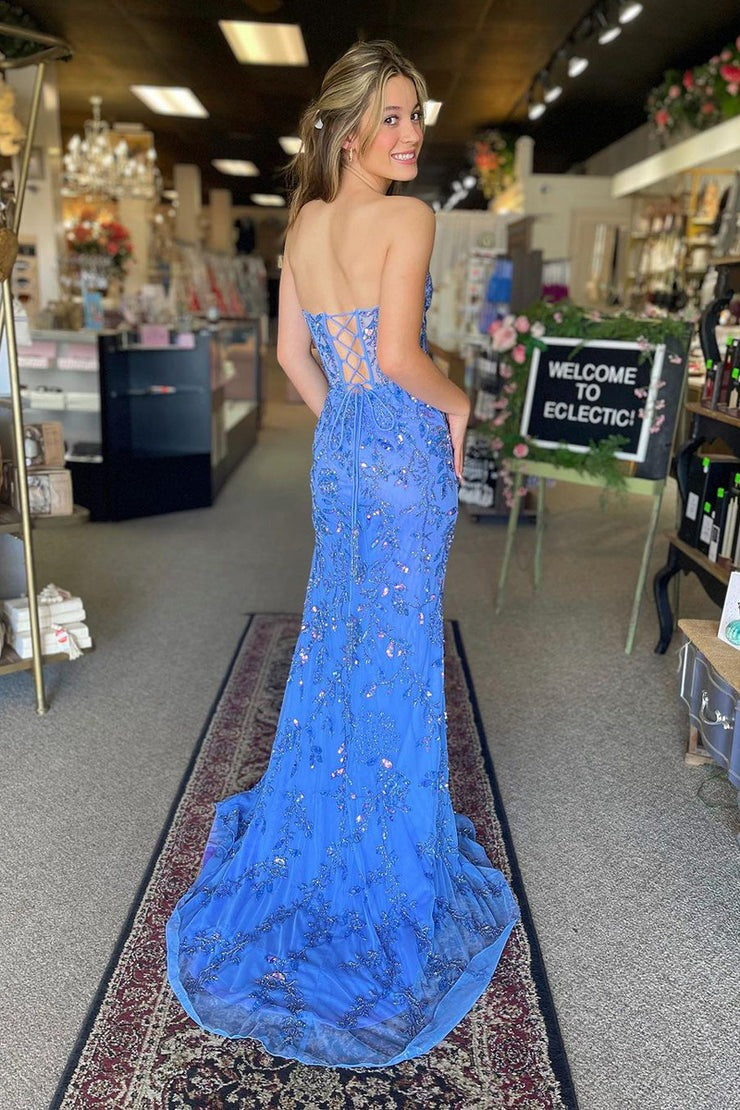 Blue Sequin Mermaid Strapless Long Prom Dress with Slit, PD25341
