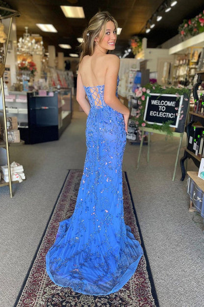 Blue Sequin Mermaid Strapless Long Prom Dress with Slit, PD25341