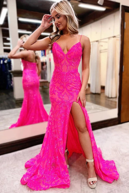 Spaghetti Straps Mermaid Fuchsia Sequins Long Prom Dress with Slit, PD25158