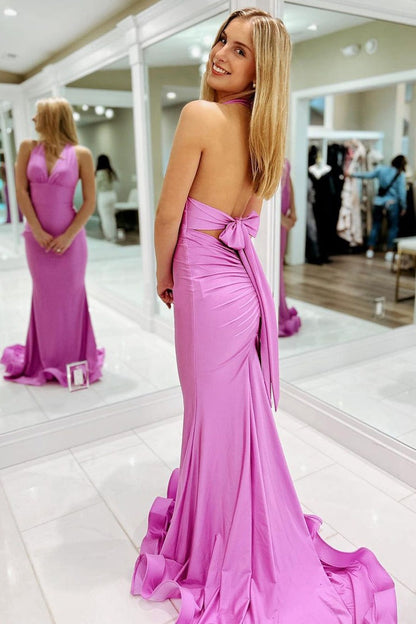 Lavender Satin Mermaid Halter Long Prom Dress, PD25281