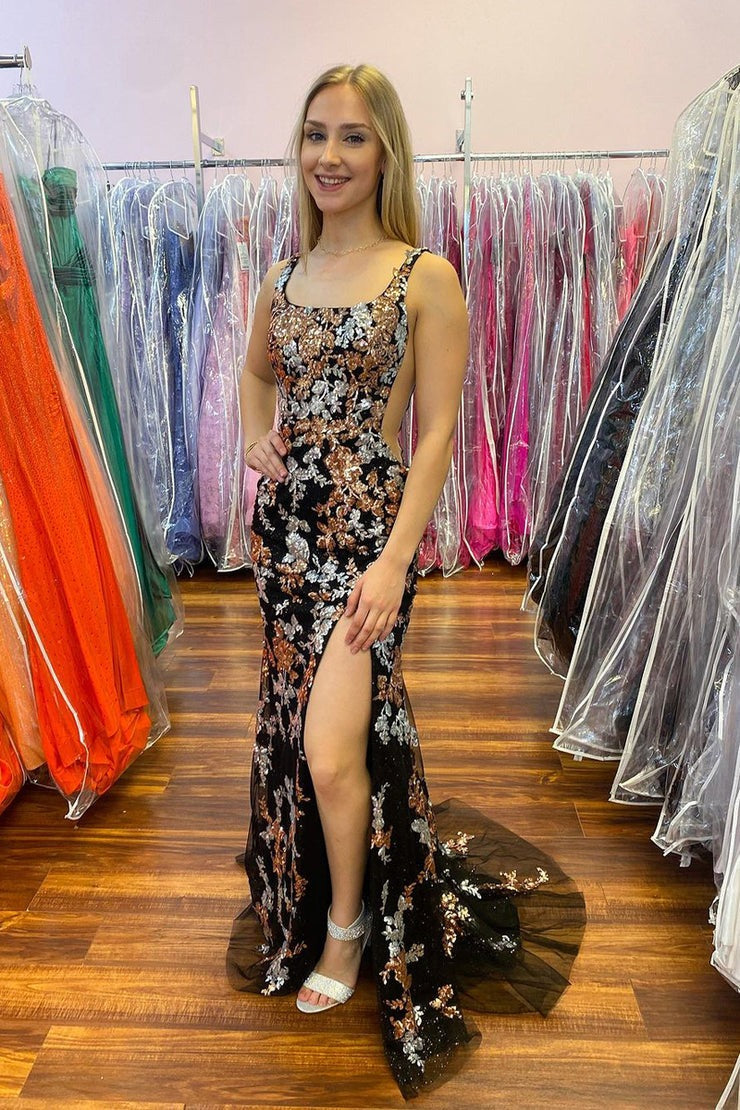 Black Sequins Appliques Square Neck Mermaid Long Prom Dress with Slit, PD25284