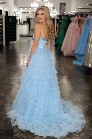 Light Blue Sweetheart Tiered Tulle Long Prom Dress, PD2404222