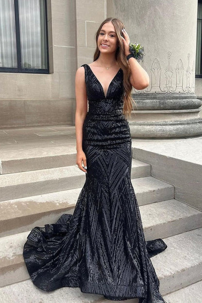 V Neck Mermaid Black Sequins Long Prom Dresses, PD25083