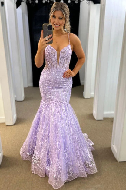 Lavender Sequins Tulle Mermaid V Neck Prom Dresses with Appliques, PD25253