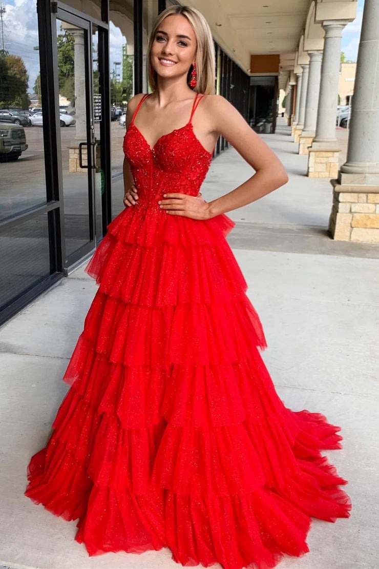 V Neck A Line Red Tiered Tulle Long Prom Dresses with Appliques, PD25018