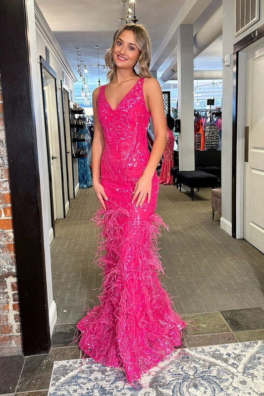 V Neck Mermaid Fuchsia Sequins Long Prom Dress with Feather, PD25134