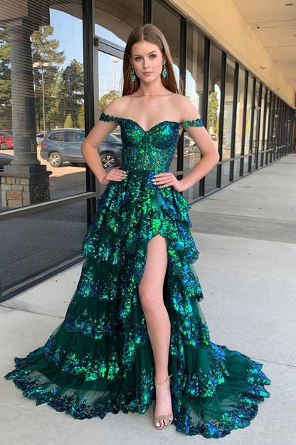 Green Off the Shoulder Sequins Lace Ruffle Tiered Long Prom Dress with Slit, PD25236