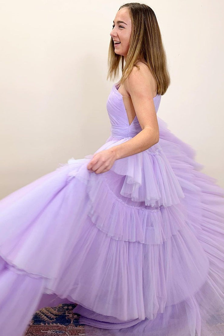 One Shoulder A-Line Tiered Tulle Long Prom Dress with Slit, PD25206