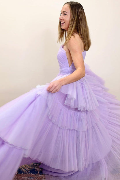 One Shoulder A-Line Tiered Tulle Long Prom Dress with Slit, PD25206