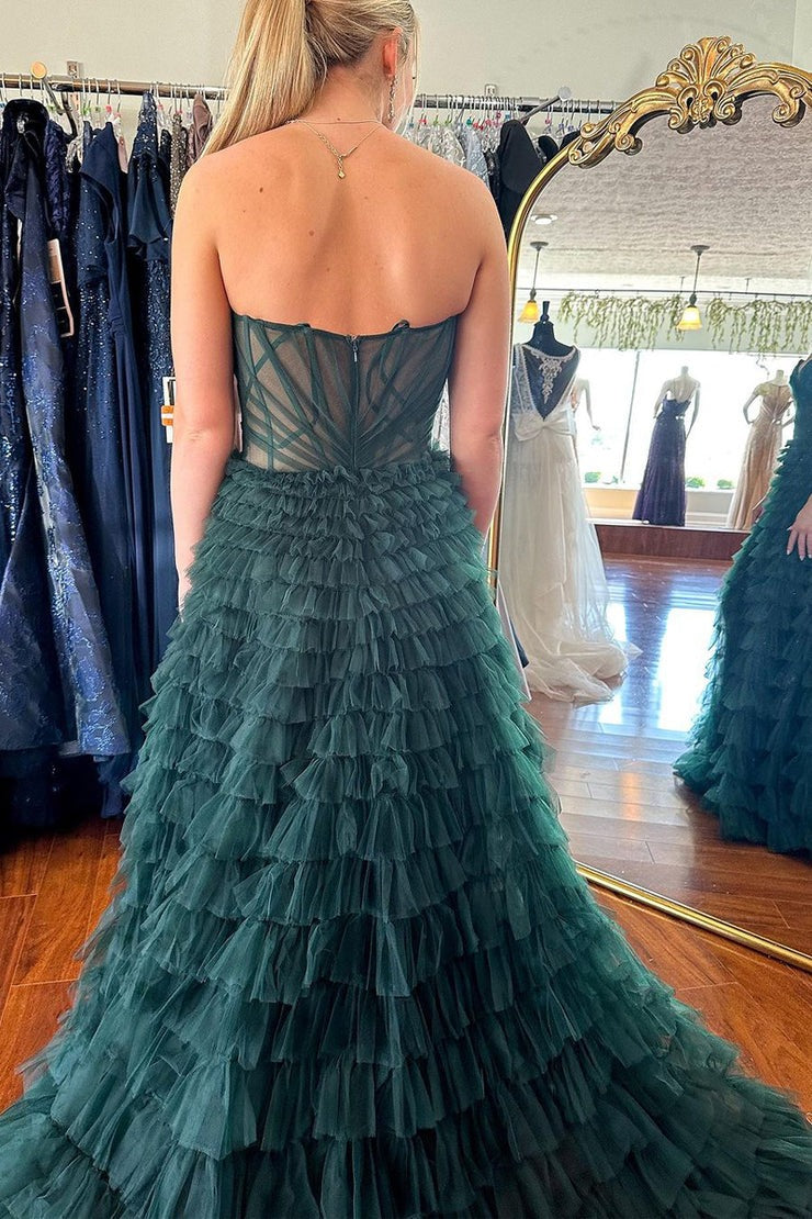 Strapless Dark Green Ruffle Tiered Tulle Prom Dress, PD25136