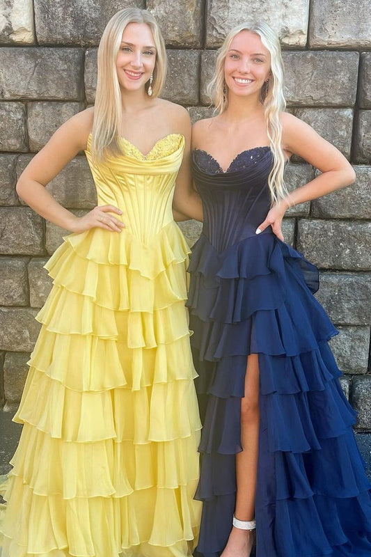 Sweetheart Navy Tiered Chiffon A Line Prom Dresses, PD25001