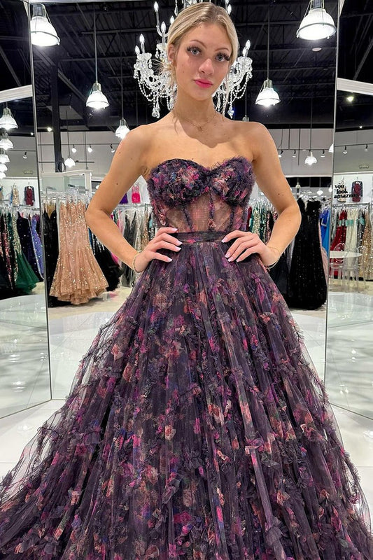 Floral Printed Black Strapless Tulle Long Prom Dress, PD25317
