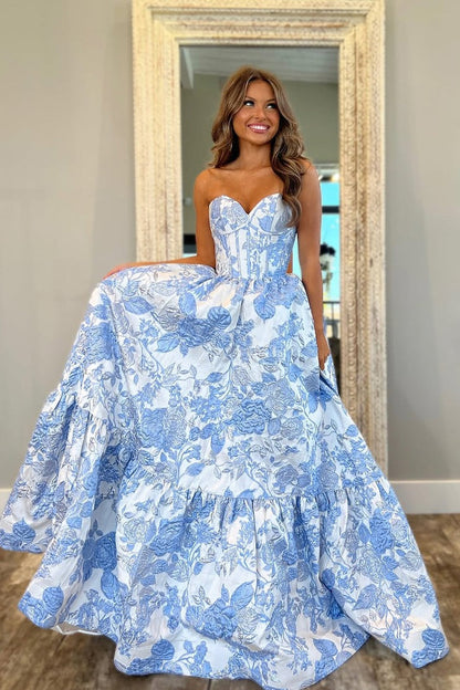 Light Blue Jacquard Satin A Line Sweetheart Tiered Prom Dress, PD25269