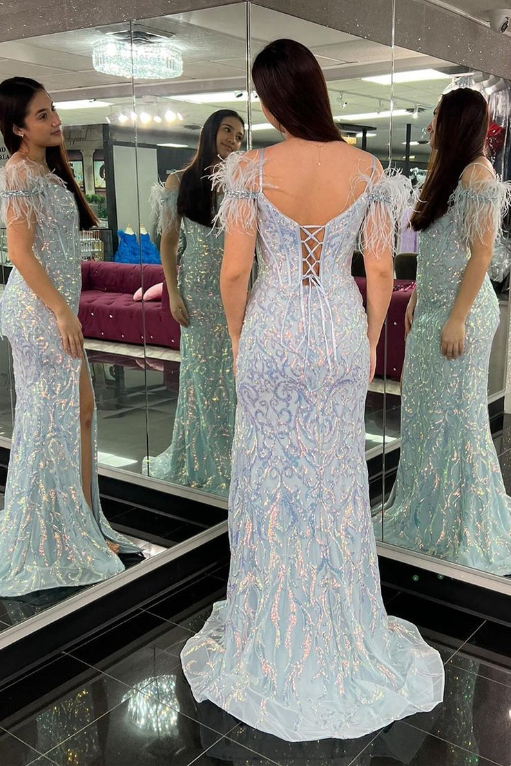 Cold Shoulder Mermaid Blue Sequins Long Prom Dress with Feather, PD25139