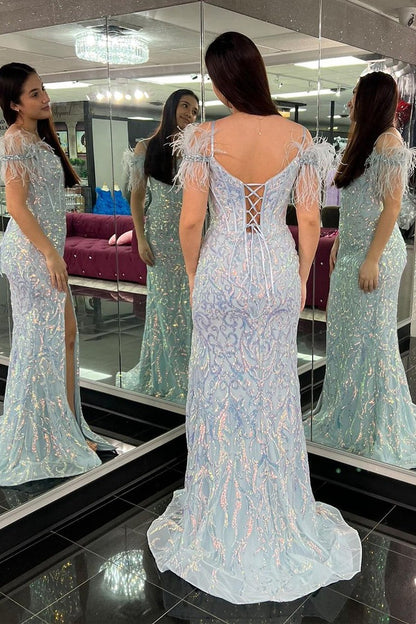 Cold Shoulder Mermaid Blue Sequins Long Prom Dress with Feather, PD25139