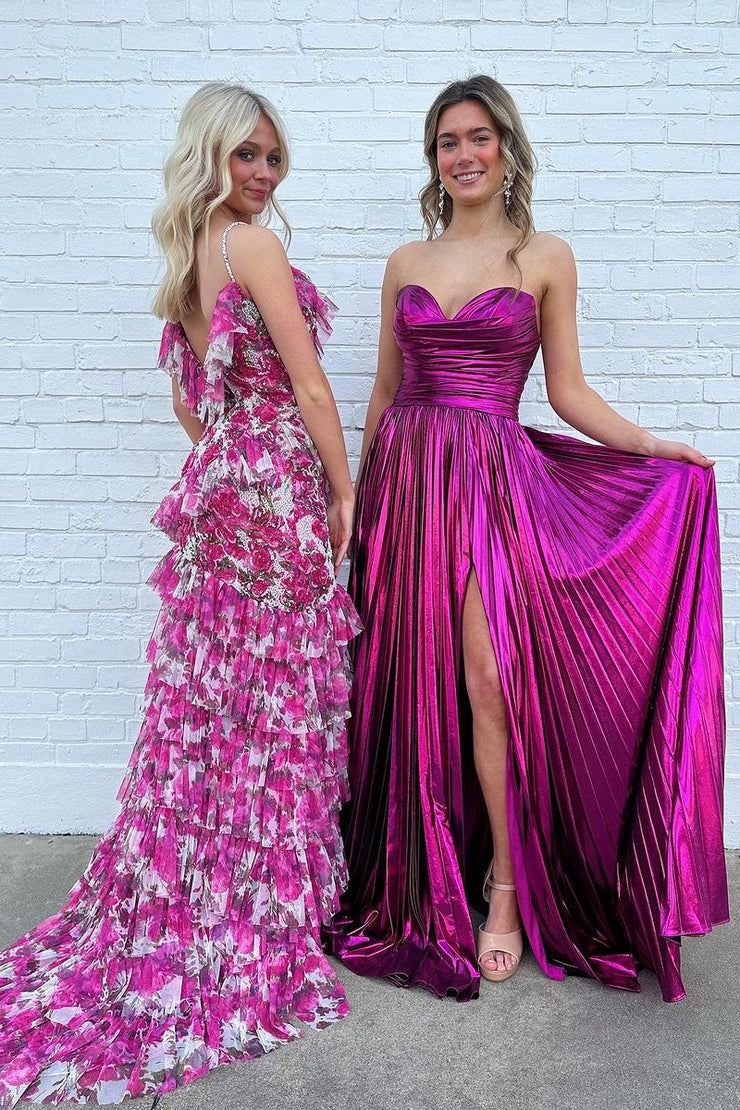 Floral Printed Pink Ruffle Mermaid Long Prom Dresses, PD25313