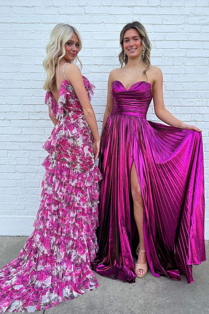 Floral Printed Pink Ruffle Mermaid Long Prom Dresses, PD25313