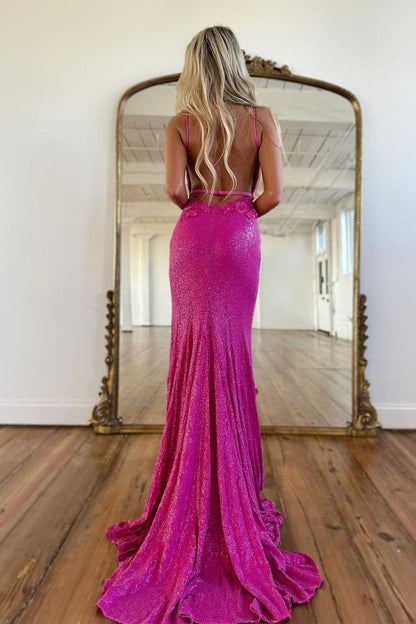 Purple Sequins V Neck Mermaid Long Prom Dress with Slit, PD25221