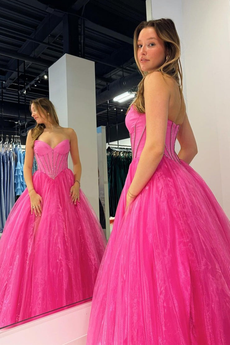 Strapless Pink Beaded Long Prom Dress with Slit, PD25175