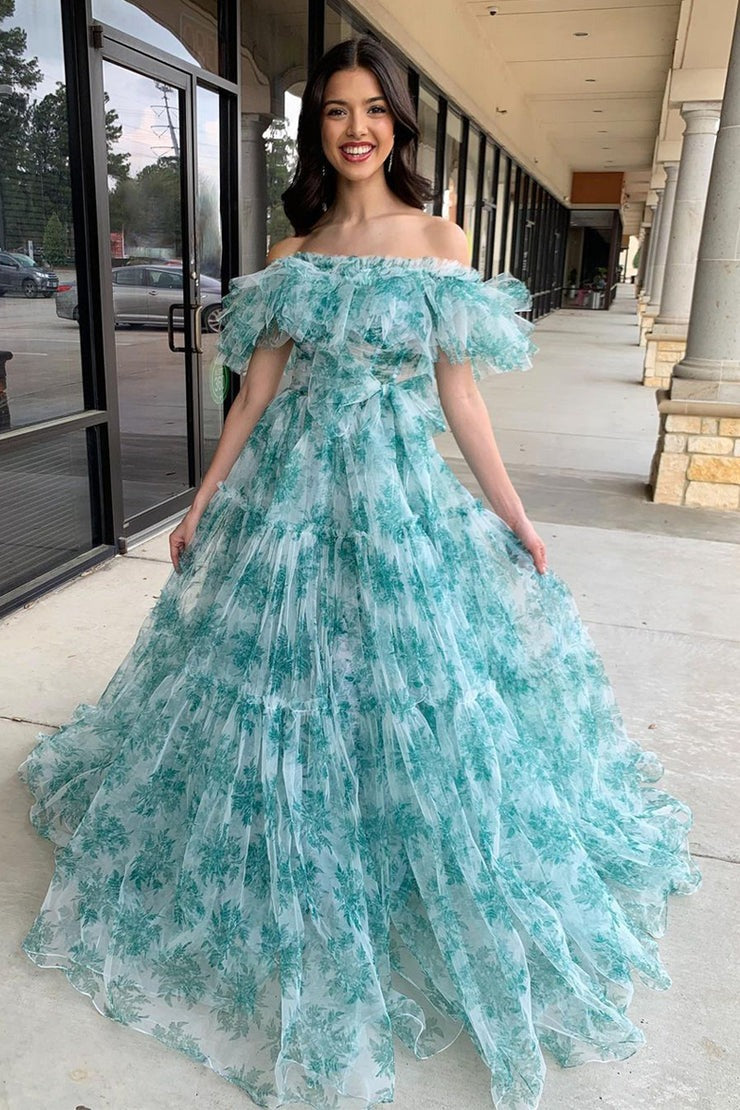 Floral Printed A-Line Off the Shoulder Ruffle Long Prom Dresses, PD25279