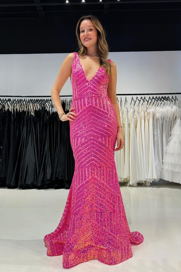 Pink Sequins Mermaid V Neck Long Prom Dress, PD25319