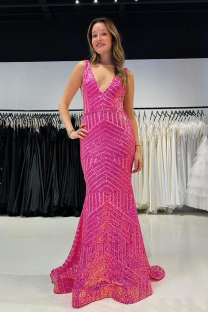 Pink Sequins Mermaid V Neck Long Prom Dress, PD25319