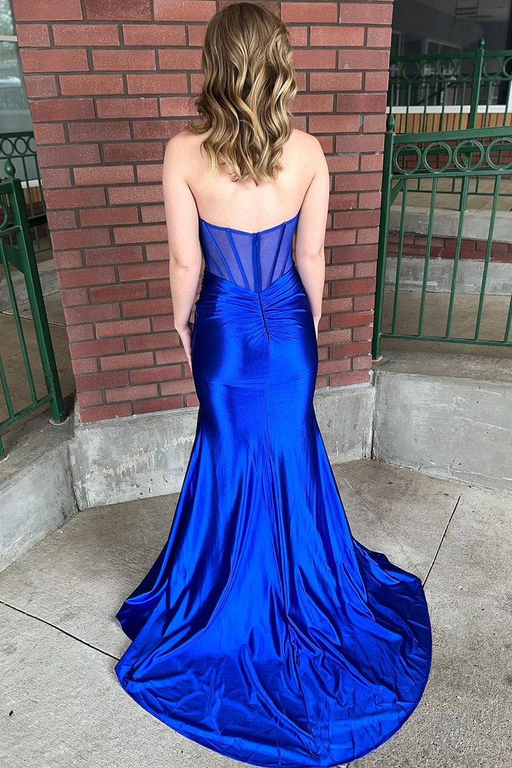 Royal Blue Halter Satin Backless Mermaid Long Prom Dress with Slit, PD25204