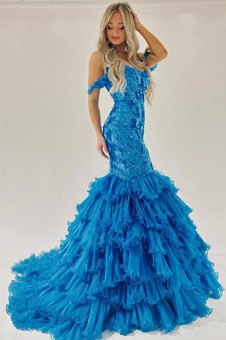 Off the Shoulder Mermaid Sequins Long Prom Dresses with Ruffles, PD25110
