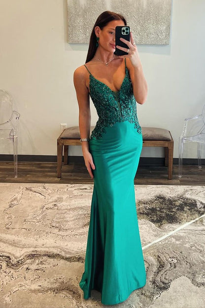 Dark Green V Neck Satin Beaded Long Prom Dress, PD25303