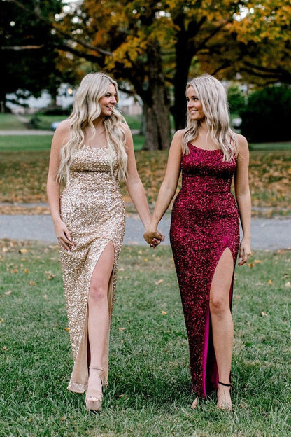 Scoop Neck Mermaid Burgundy Sequins Long Prom Dress with Slit, PD25127