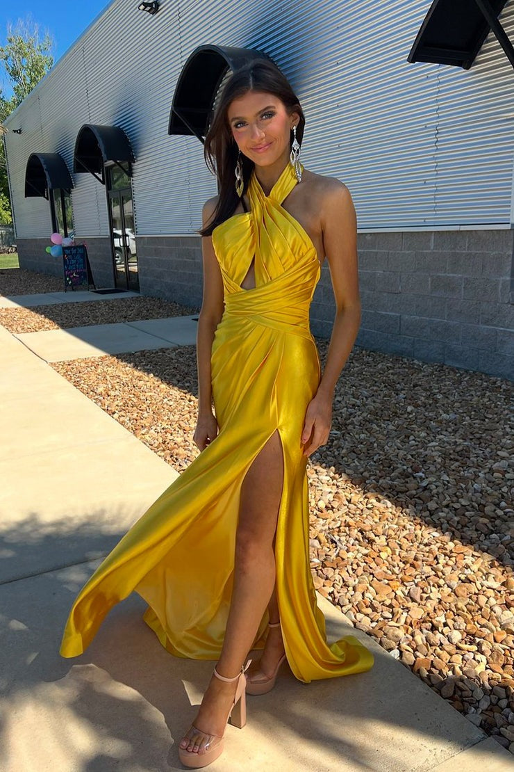Cross Neck Mermaid Yellow Satin Long Prom Dresses with Slit, PD25058