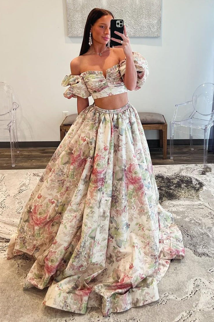 Off the Shoulder Two Piece Floral Printed Long Prom Dresses with Slit, PD25184