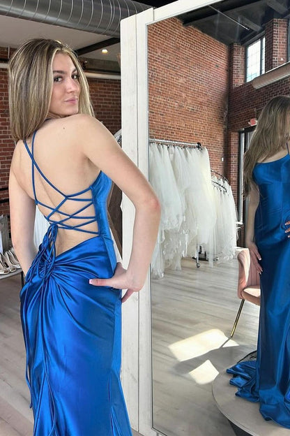 Satin Royal Blue Mermaid Long Prom Dress with Criss Cross Back, PD25155